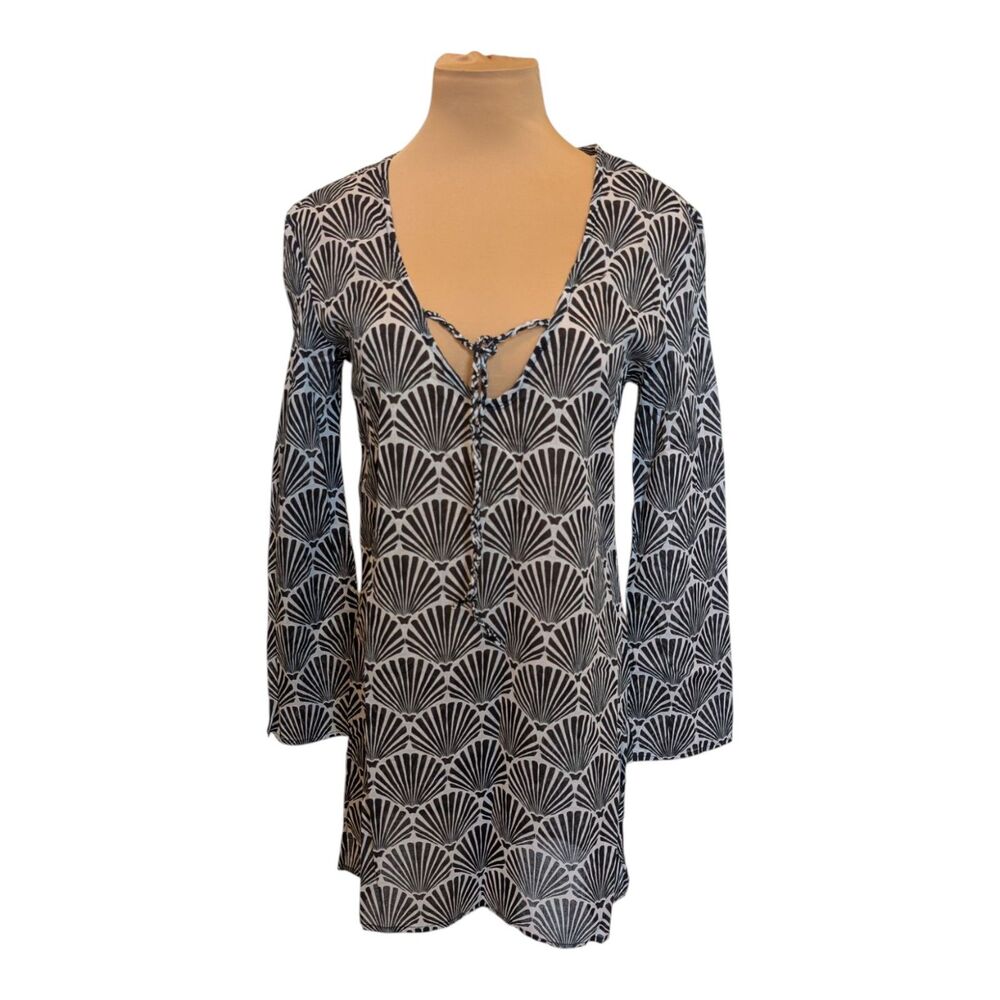 Mud pie Women's Beach Swim Cover Dress Long Sleeve Black/White Size S Boho New
